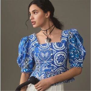 Farm Rio Tile Dream Short-Sleeve Blouse Size Large